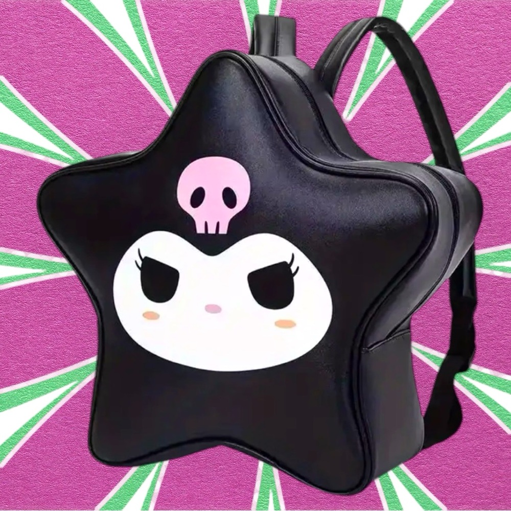 🆕 Kuromi Star Backpack: Large Capacity - PU Leather - Adjustable Straps - Black